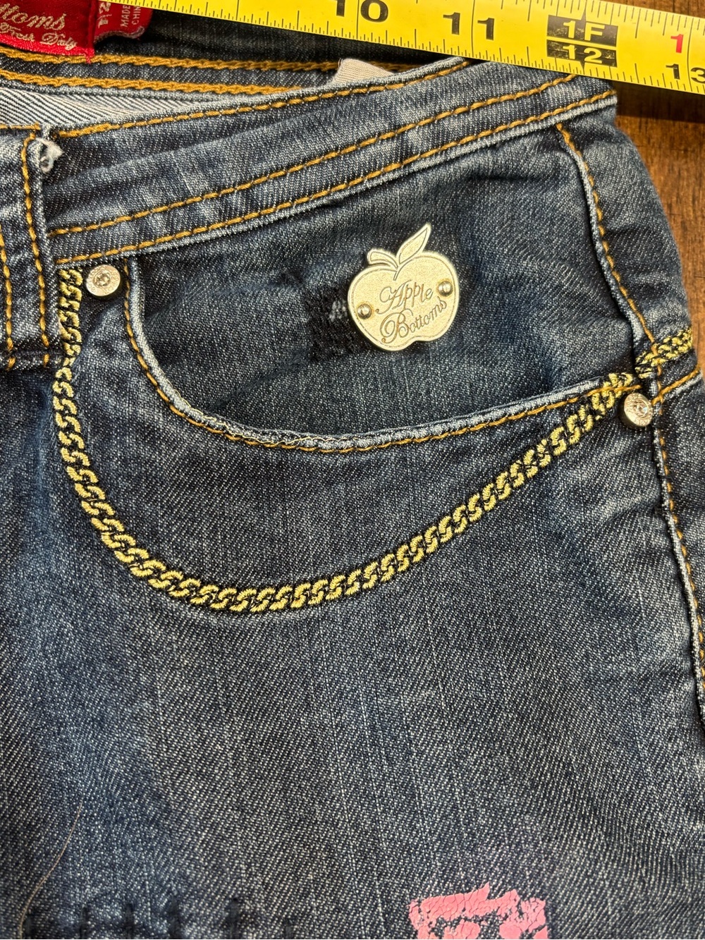 Y2K Vintage Apple Bottoms Dark Blue Distressed Embroidered Skinny Jeans - Picture 9 of 13